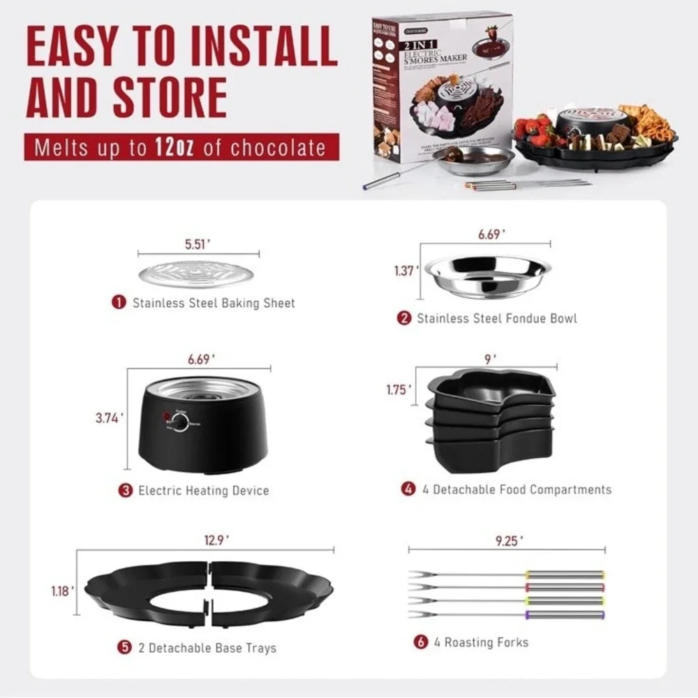 2 in 1 Electric S'mores Maker & Fondue Pot, Tabletop Indoor Smores kit with 4...
